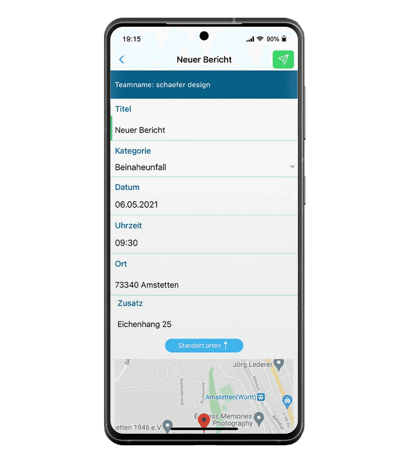 Screenshot der Berichte Ansicht der Safety App
